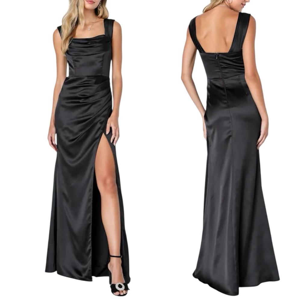NWT Lulus Stunning Arrival Black Satin Off-Shoulder Maxi Gown Dress Size S
